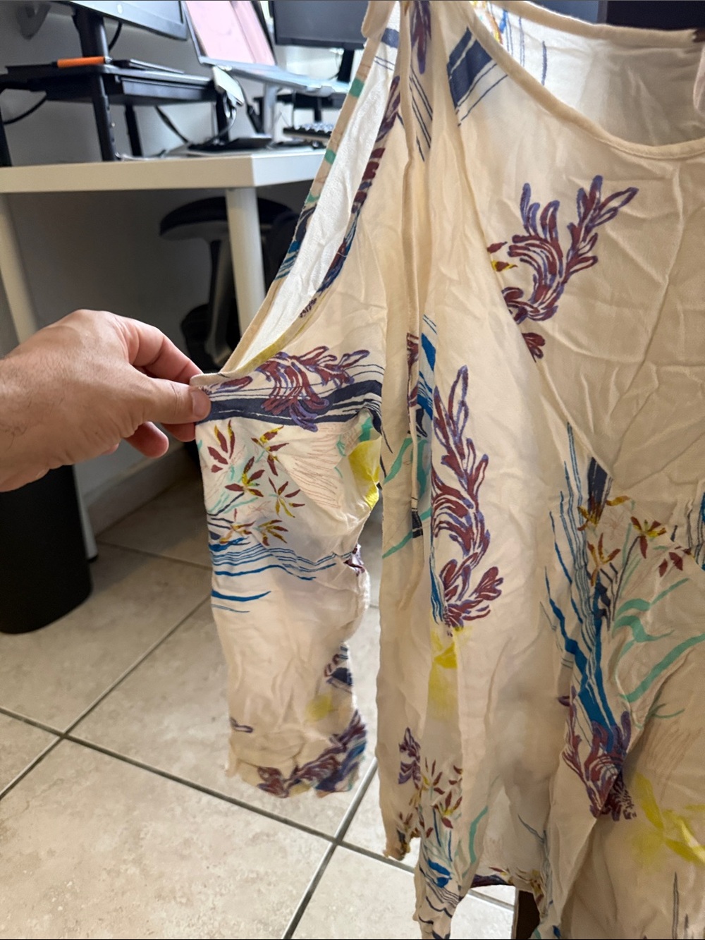 Free People Cream Cold-Shoulder Floral Tunic with Blue & Purple Print - Picture 2 of 4